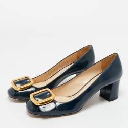 Pre Owned Prada Navy Blue Patent Leather Buckle Block Heel Pumps Size 36.5