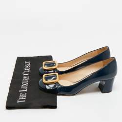 Pre Owned Prada Navy Blue Patent Leather Buckle Block Heel Pumps Size 36.5