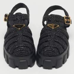 مملوكة مسبقًا صندل برادا حزام كاحل قش مضفر أسود مونوليث مقاس 39