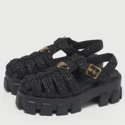 مملوكة مسبقًا صندل برادا حزام كاحل قش مضفر أسود مونوليث مقاس 39