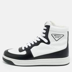 Pre Owned Prada White/Black Leather and Nylon New Avenue High Top Sneakers Size 37.5