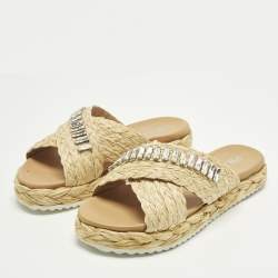 مملوكة مسبقًا Prada Size 36 Beige Raffia Crisscross Crystal Embellished Flat Slides