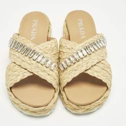 مملوكة مسبقًا Prada Size 36 Beige Raffia Crisscross Crystal Embellished Flat Slides