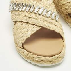 مملوكة مسبقًا Prada Size 36 Beige Raffia Crisscross Crystal Embellished Flat Slides