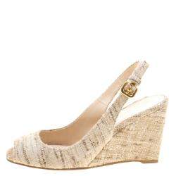 Pre Owned Prada Beige Tweed Fabric Peep Toe Slingback Wedge Sandals Size 40