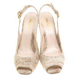 Pre Owned Prada Beige Tweed Fabric Peep Toe Slingback Wedge Sandals Size 40