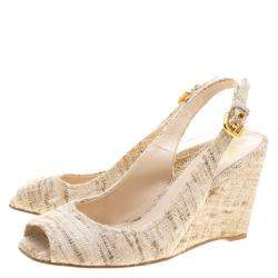 Pre Owned Prada Beige Tweed Fabric Peep Toe Slingback Wedge Sandals Size 40