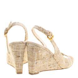 Pre Owned Prada Beige Tweed Fabric Peep Toe Slingback Wedge Sandals Size 40