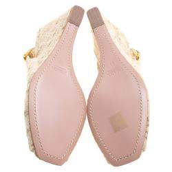 Pre Owned Prada Beige Tweed Fabric Peep Toe Slingback Wedge Sandals Size 40