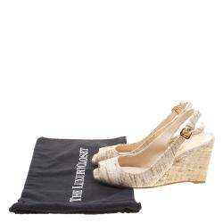 Pre Owned Prada Beige Tweed Fabric Peep Toe Slingback Wedge Sandals Size 40