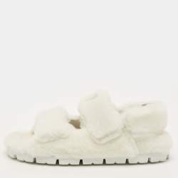 Pre Owned Prada Size 39.5 White Shearling Fur Flat Sandals