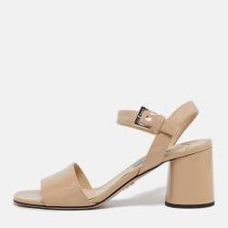 Pre Owned Prada Size 36 Beige Patent Leather Block Heel Ankle Strap Sandals