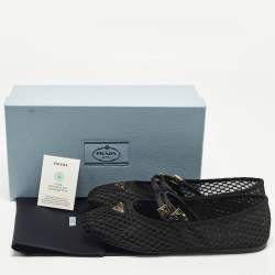 Pre Owned حذاء فلات باليرينا برادا ماري جين جلد وشبكة بشعار أسود مقاس 41