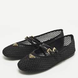 Pre Owned حذاء فلات باليرينا برادا ماري جين جلد وشبكة بشعار أسود مقاس 41