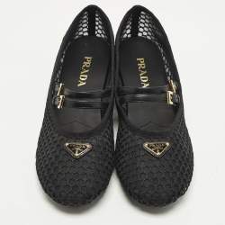 Pre Owned حذاء فلات باليرينا برادا ماري جين جلد وشبكة بشعار أسود مقاس 41