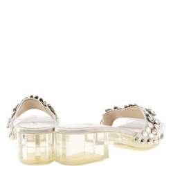 Pre Owned Prada Grey Satin And PVC Crystal Embellished Platform Slides Size 36