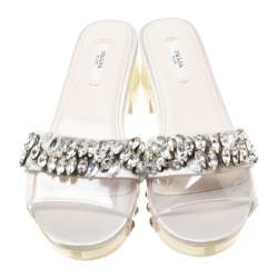 Pre Owned Prada Grey Satin And PVC Crystal Embellished Platform Slides Size 36