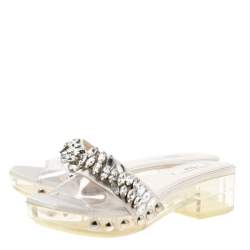 Pre Owned Prada Grey Satin And PVC Crystal Embellished Platform Slides Size 36