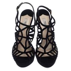 Pre Owned Prada Black Suede Caged Ankle Strap Sandals Size 41