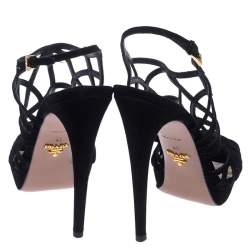 Pre Owned Prada Black Suede Caged Ankle Strap Sandals Size 41