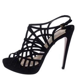 Pre Owned Prada Black Suede Caged Ankle Strap Sandals Size 41