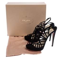 Pre Owned Prada Black Suede Caged Ankle Strap Sandals Size 41