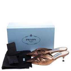 Prada Metallic Bronze Leather Kitten Heel Twist Mules Size 36.5