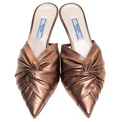 Prada Metallic Bronze Leather Kitten Heel Twist Mules Size 36.5