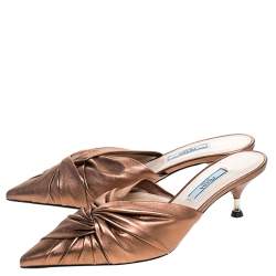 Prada Metallic Bronze Leather Kitten Heel Twist Mules Size 36.5
