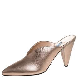 Prada Metallic Bronze Leather Pointed Toe Cone Heel Mules Size 39