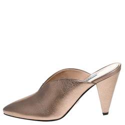 Prada Metallic Bronze Leather Pointed Toe Cone Heel Mules Size 39