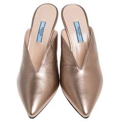 Prada Metallic Bronze Leather Pointed Toe Cone Heel Mules Size 39