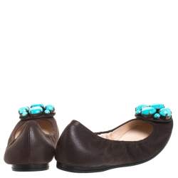 Pre Owned Prada Brown Leather Turquoise Stone Embellished Scrunch Ballet Flats Size 37