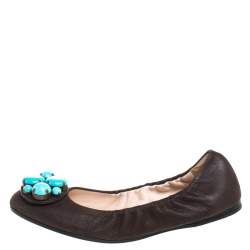 Pre Owned Prada Brown Leather Turquoise Stone Embellished Scrunch Ballet Flats Size 37