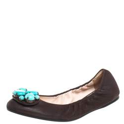 Pre Owned Prada Brown Leather Turquoise Stone Embellished Scrunch Ballet Flats Size 37