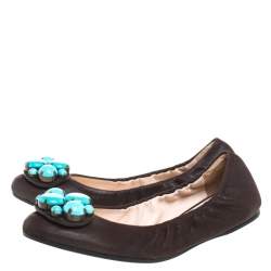 Pre Owned Prada Brown Leather Turquoise Stone Embellished Scrunch Ballet Flats Size 37