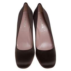Pre Owned Prada Dark Brown Satin Block Heel Square Toe Pumps Size 36.5