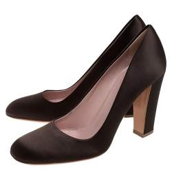 Pre Owned Prada Dark Brown Satin Block Heel Square Toe Pumps Size 36.5