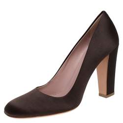 Pre Owned Prada Dark Brown Satin Block Heel Square Toe Pumps Size 36.5