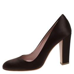 Pre Owned Prada Dark Brown Satin Block Heel Square Toe Pumps Size 36.5