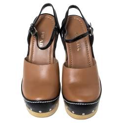 Pre Owned Prada Brown Leather Ankle Strap Platform Clog Sandals Size 38