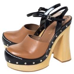 Pre Owned Prada Brown Leather Ankle Strap Platform Clog Sandals Size 38