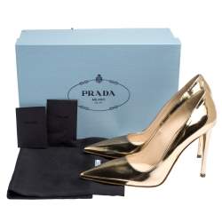 Pre Owned Prada Metallic Gold Leather Pointed Toe Pumps Size 37.5