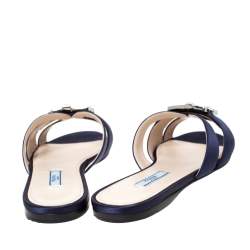 Pre Owned Prada Blue Satin Crystal Embellished Flat Slides Size 38