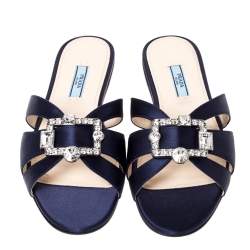 Pre Owned Prada Blue Satin Crystal Embellished Flat Slides Size 38