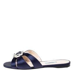Pre Owned Prada Blue Satin Crystal Embellished Flat Slides Size 38