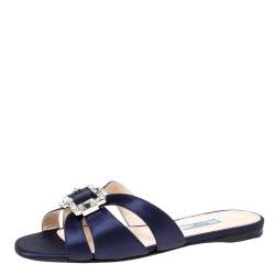 Pre Owned Prada Blue Satin Crystal Embellished Flat Slides Size 38