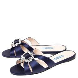 Pre Owned Prada Blue Satin Crystal Embellished Flat Slides Size 38