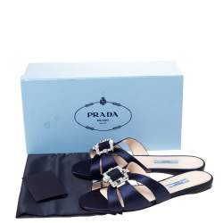Pre Owned Prada Blue Satin Crystal Embellished Flat Slides Size 38