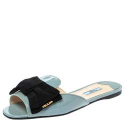 Pre Owned Prada Blue Patent Leather Bow Flat Slides Size 39.5